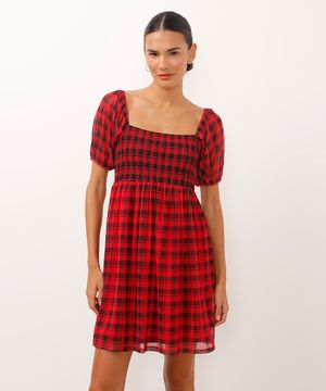 vestido curto de tule manga bufante xadrez vermelho