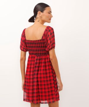 vestido curto de tule manga bufante xadrez vermelho