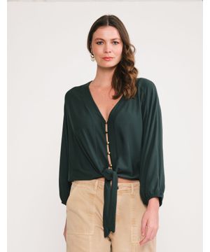 Blusa Ampla Amarracao Botoes Verde Militar