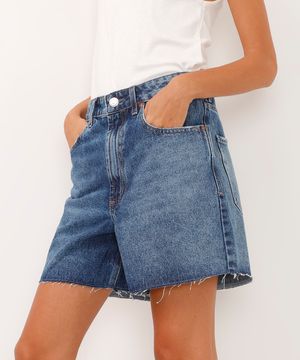 short midi jeans com barra corte à fio azul