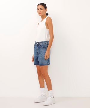 short midi jeans com barra corte à fio azul