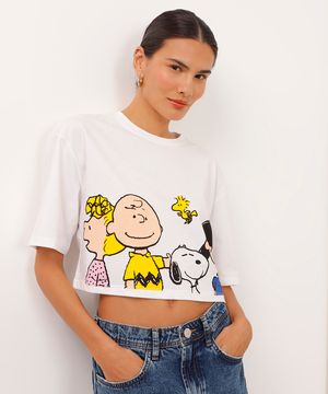 camiseta cropped de algodão snoopy off white