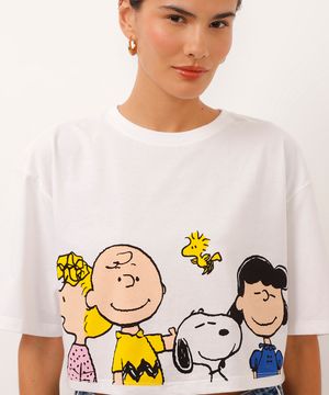 camiseta cropped de algodão snoopy off white