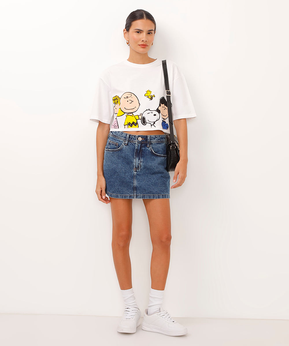 camiseta cropped de algodão snoopy off white
