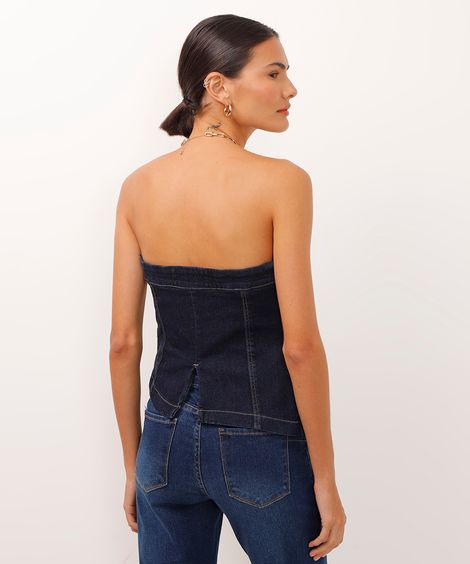 top cropped jeans sem alça assimétrico azul