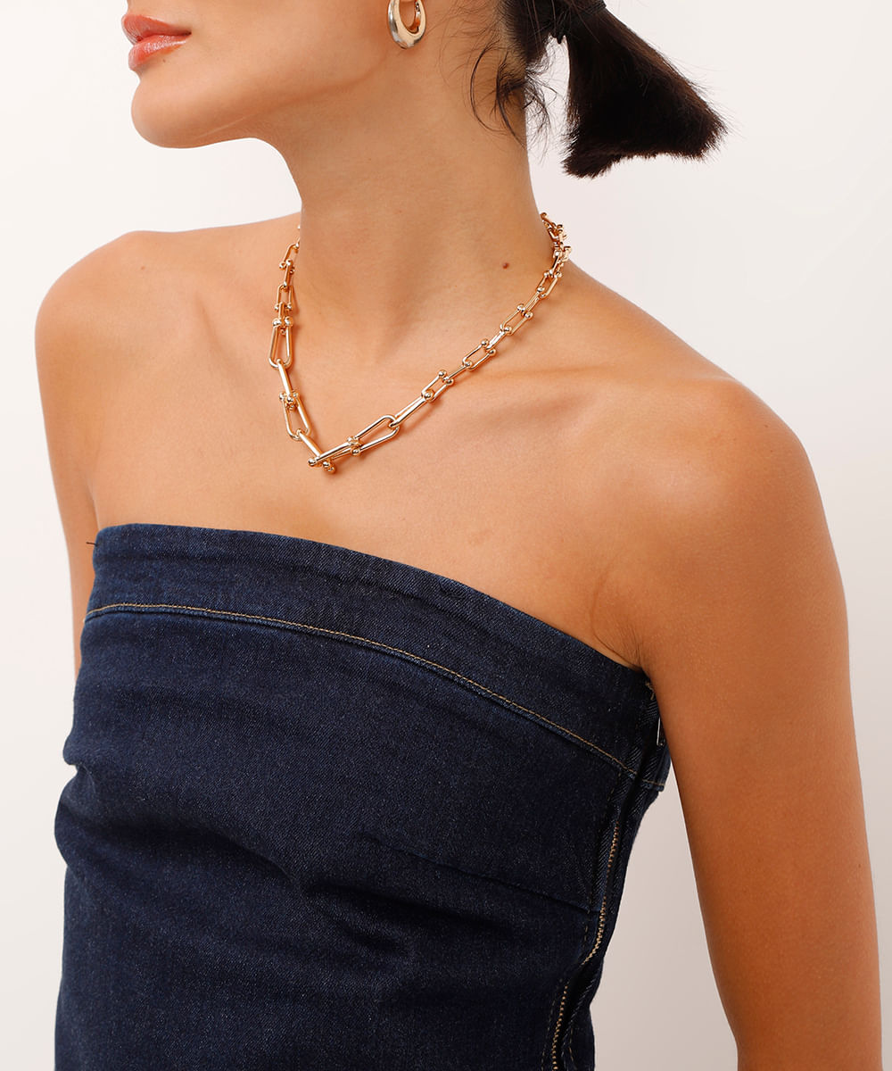 top cropped jeans sem alça assimétrico azul