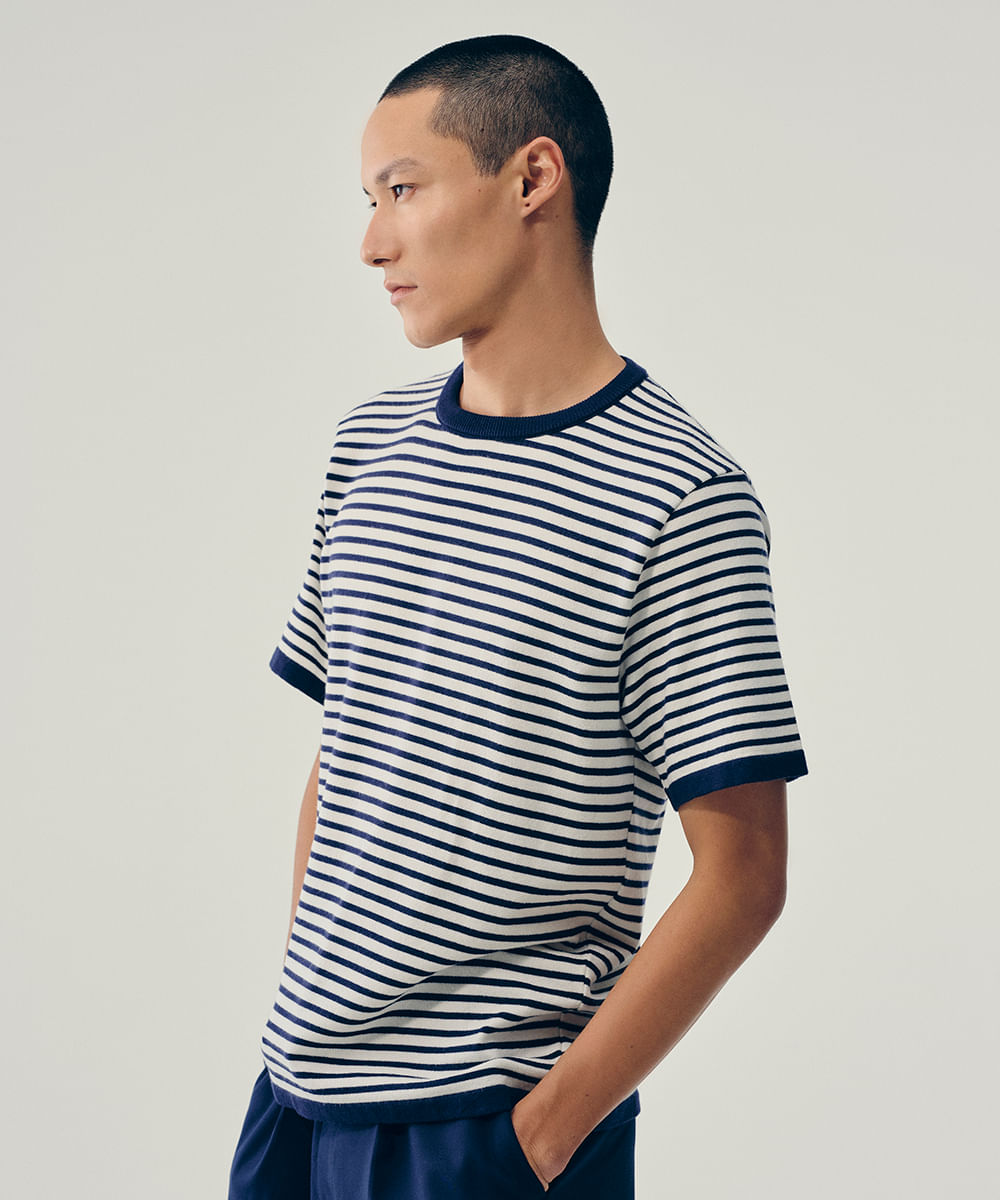 camiseta de tricot listrada manga curta off white