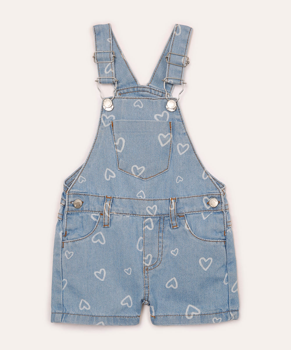 jardineira jeans infantil corações azul