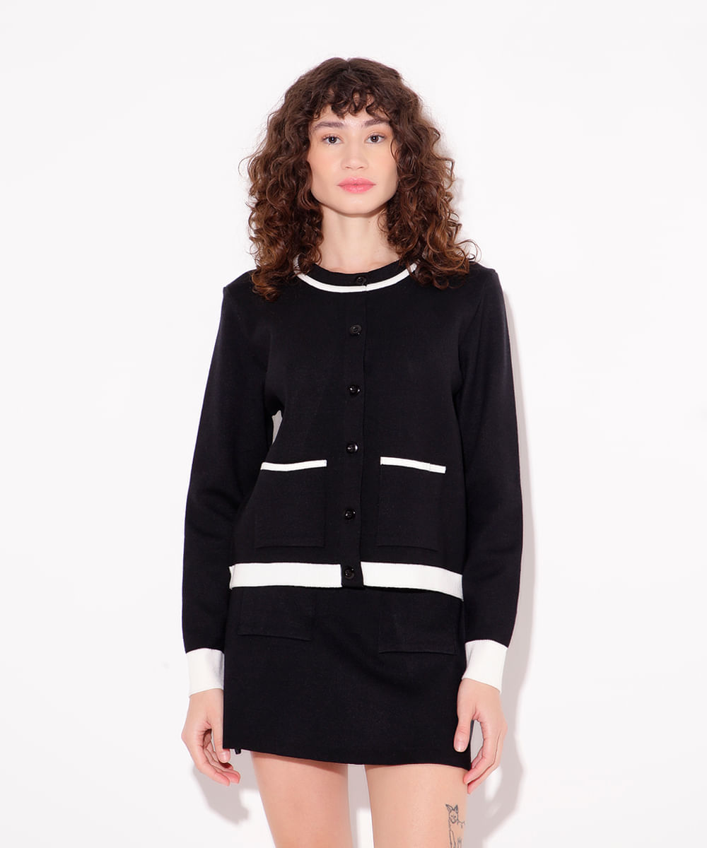 casaco de tricot com bolsos mindset preto