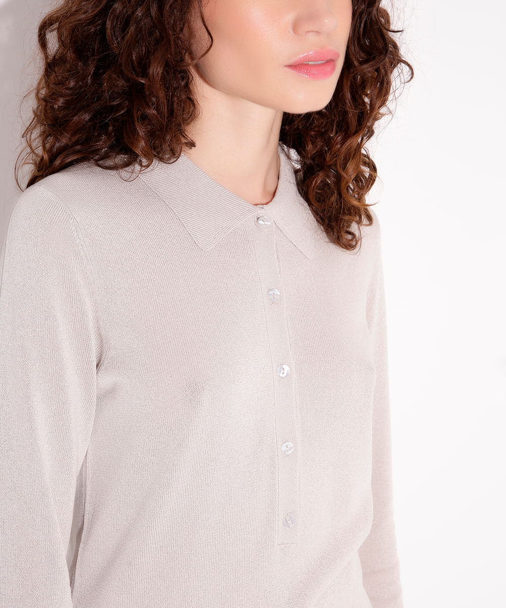 blusa de tricot gola polo mindset cinza claro
