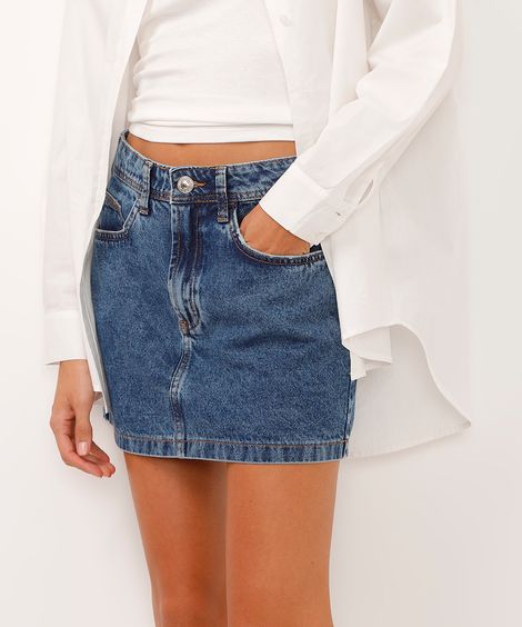saia curta jeans cintura alta azul