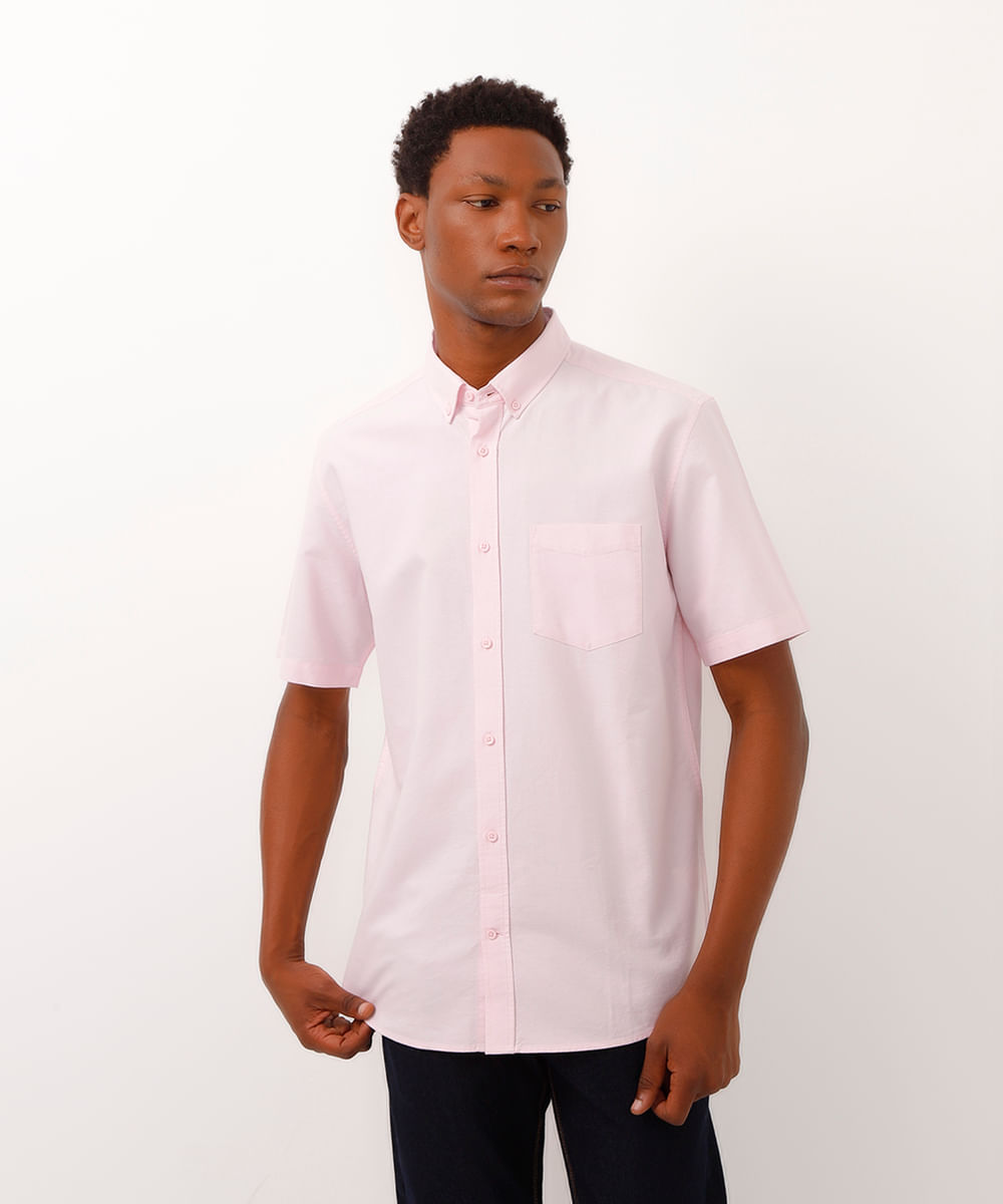 camisa comfort oxford manga curta rosa claro