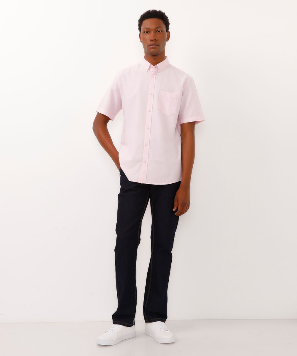 camisa comfort oxford manga curta rosa claro