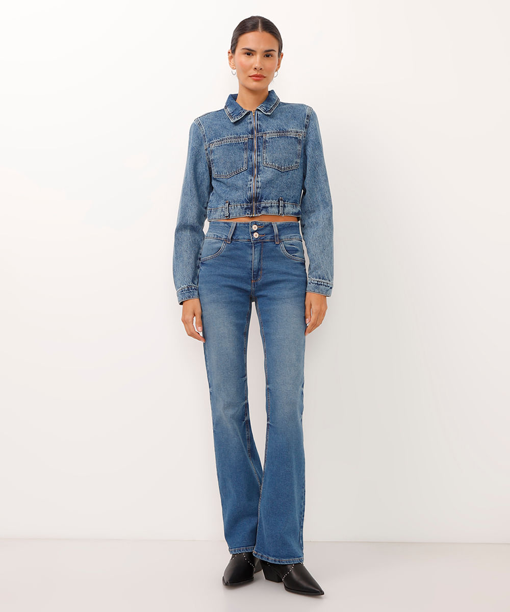calça bootcut jeans cintura média azul