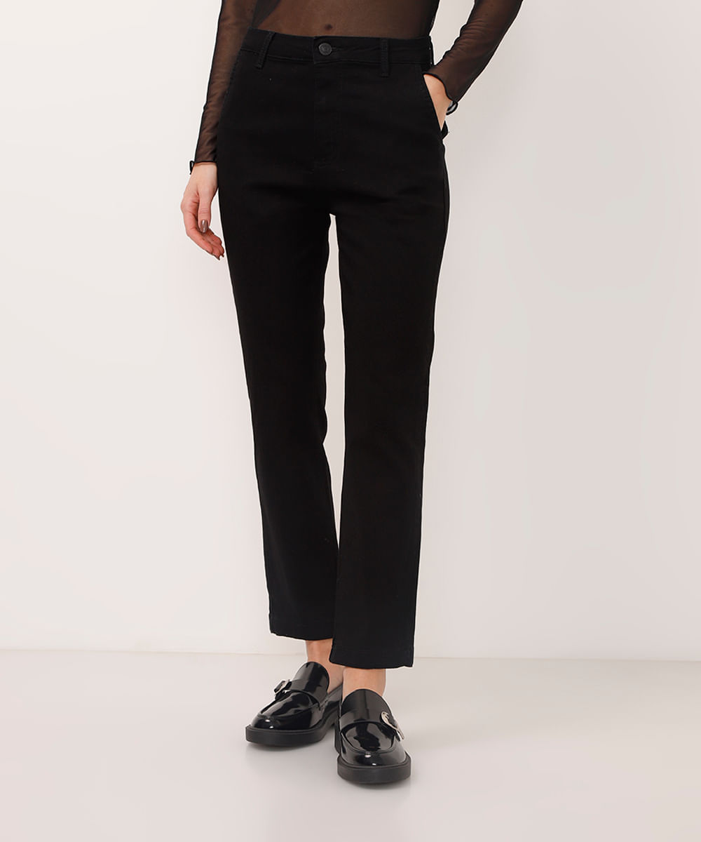 calça reta de sarja cintura alta sawary preta