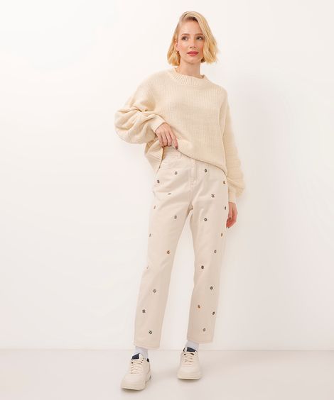 calça mom de sarja cintura super alta floral bege