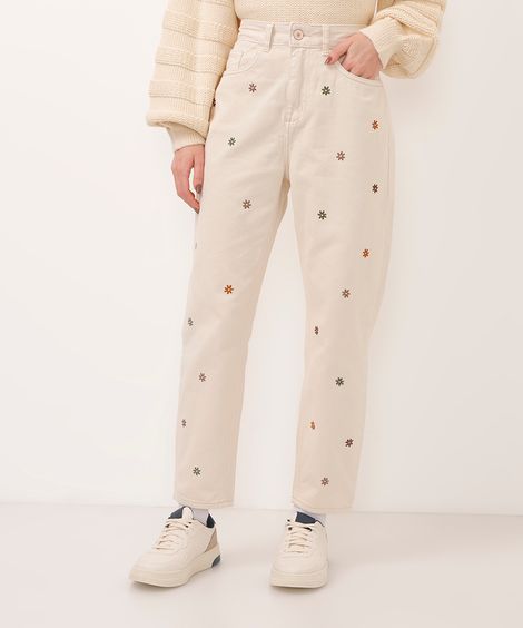 calça mom de sarja cintura super alta floral bege