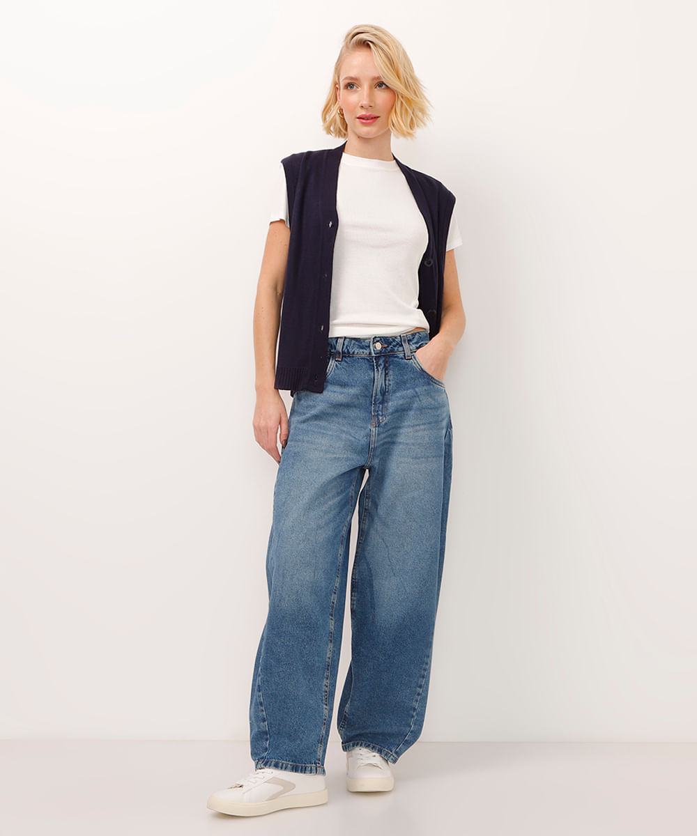 calça barrel jeans cintura média azul