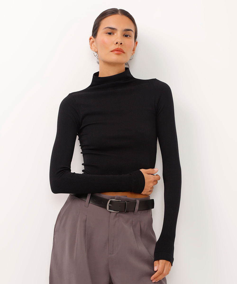 blusa gola alta manga longa texturizada preta