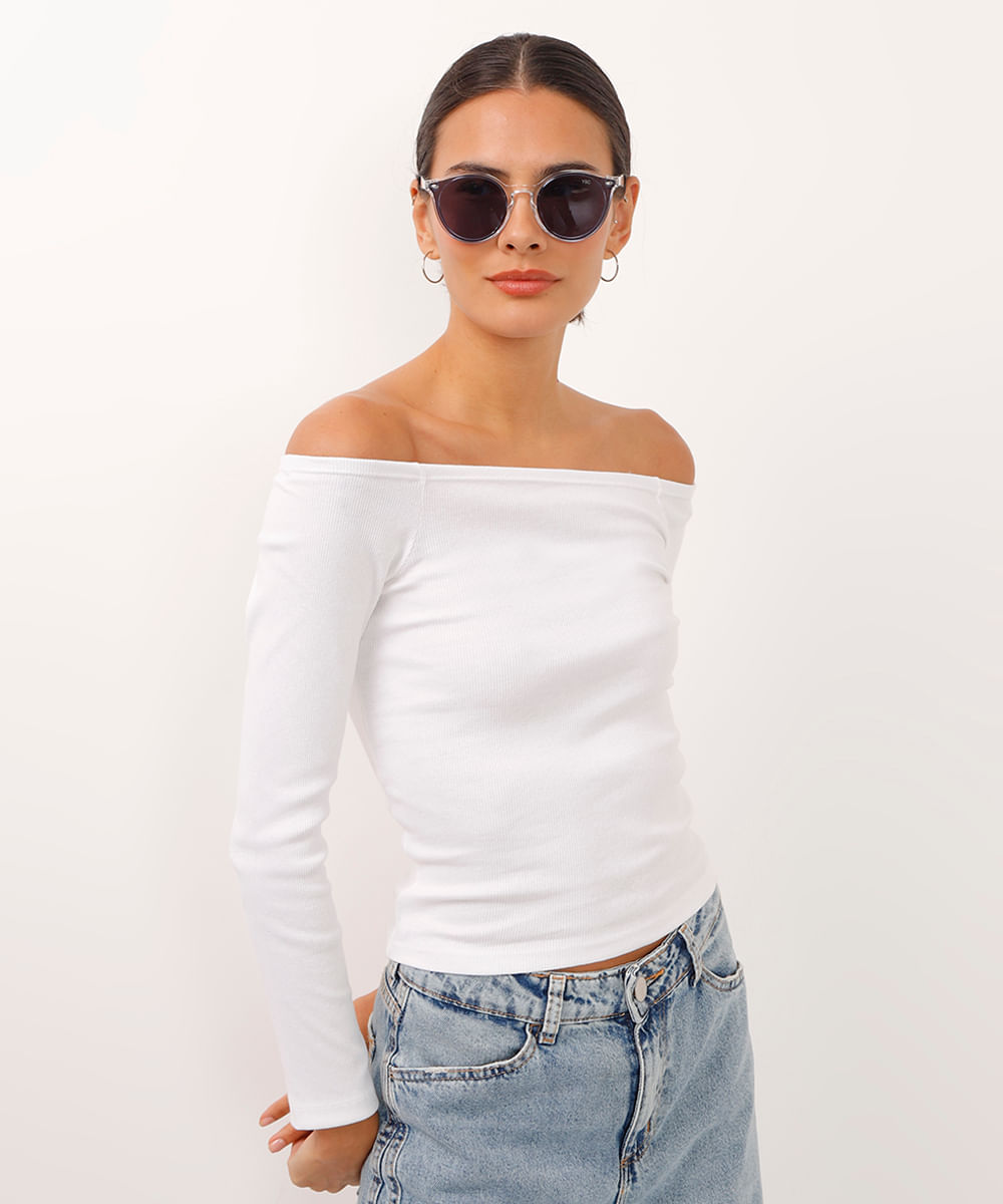 blusa cropped de algodão ombro a ombro off white
