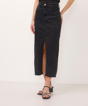 saia midi jeans comfort cintura alta com fenda preta