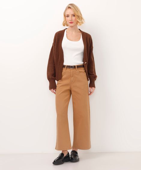 calça wide leg cropped de sarja cintura super alta com cinto bege