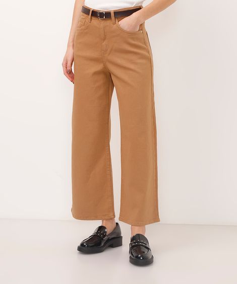 calça wide leg cropped de sarja cintura super alta com cinto bege