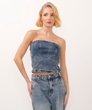 top cropped jeans sem alça com recortes azul