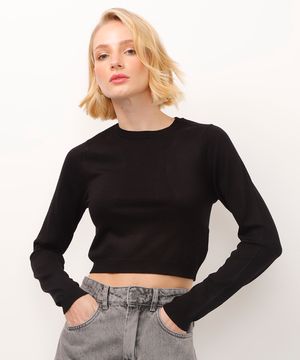 blusa cropped de tricot manga longa preta