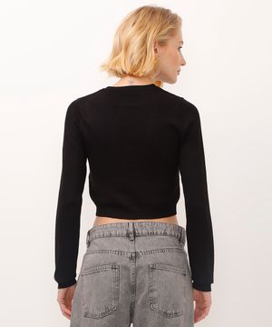 blusa cropped de tricot manga longa preta