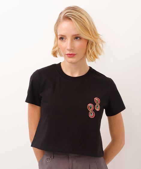 camiseta cropped de algodão com bordado e brilho élle de bernardini preta
