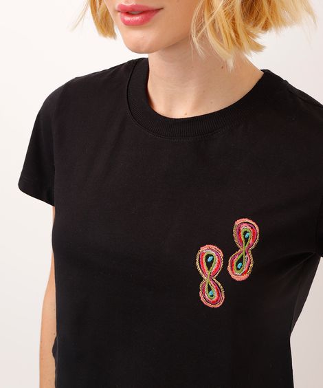 camiseta cropped de algodão com bordado e brilho élle de bernardini preta