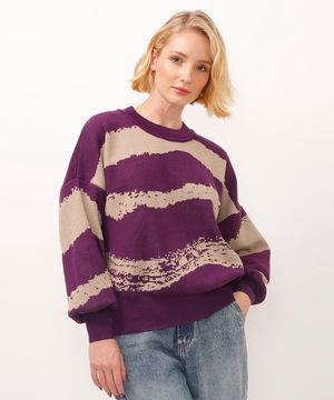 suéter de tricot manga longa listrada élle de bernardini roxo