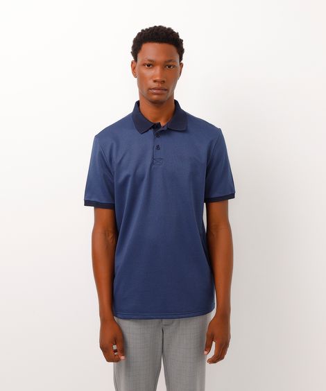 Polo Masculina Tradicional Maquinetada Estampada Manga Curta Azul Marinho