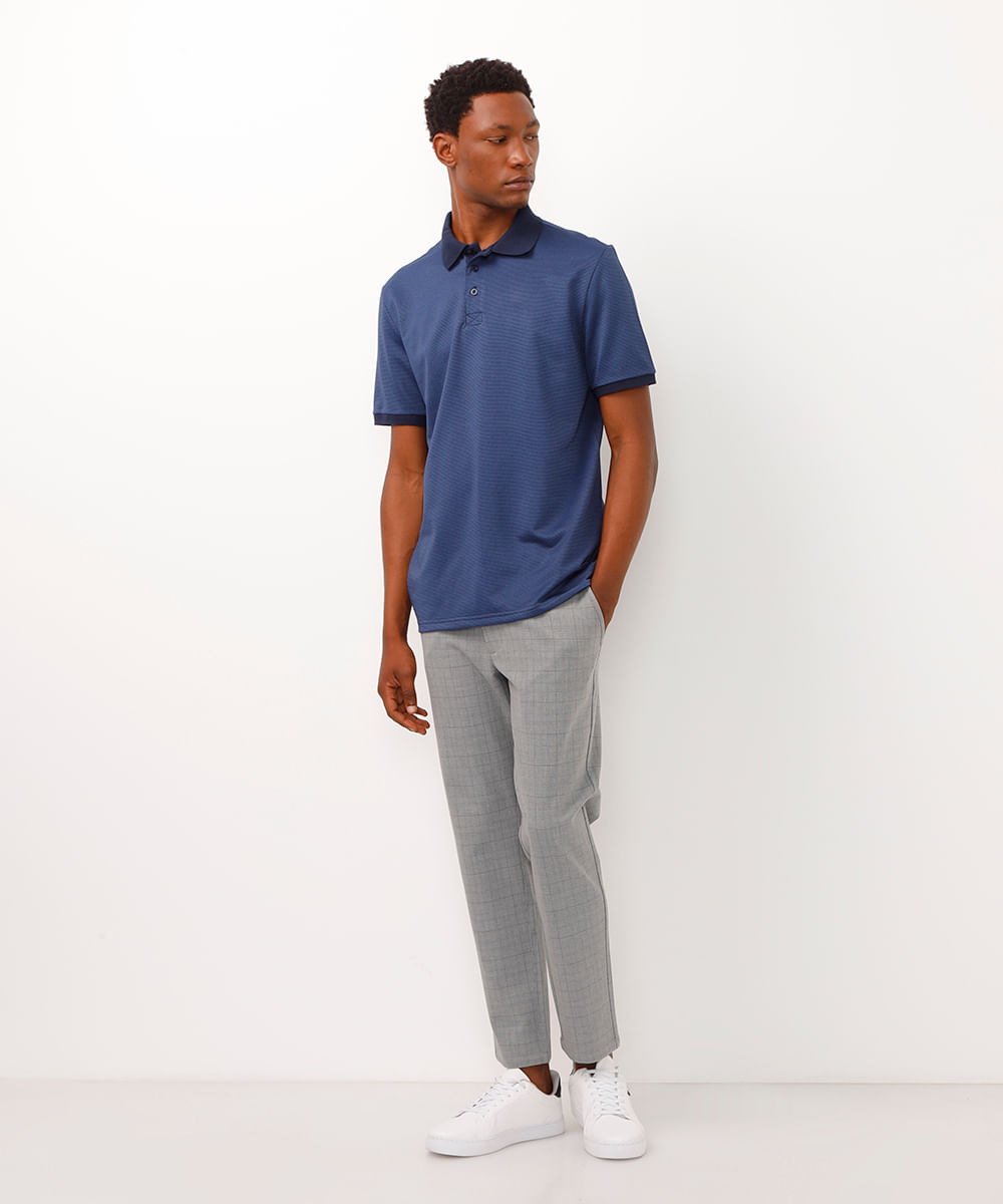 Polo Masculina Tradicional Maquinetada Estampada Manga Curta Azul Marinho