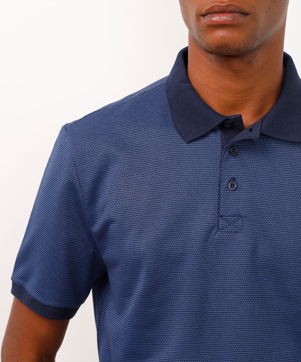 Polo Masculina Tradicional Maquinetada Estampada Manga Curta Azul Marinho
