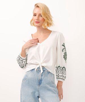 blusa bata de algodão manga bufante com arabesco off white