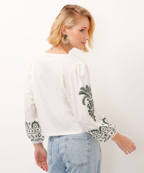 blusa bata de algodão manga bufante com arabesco off white