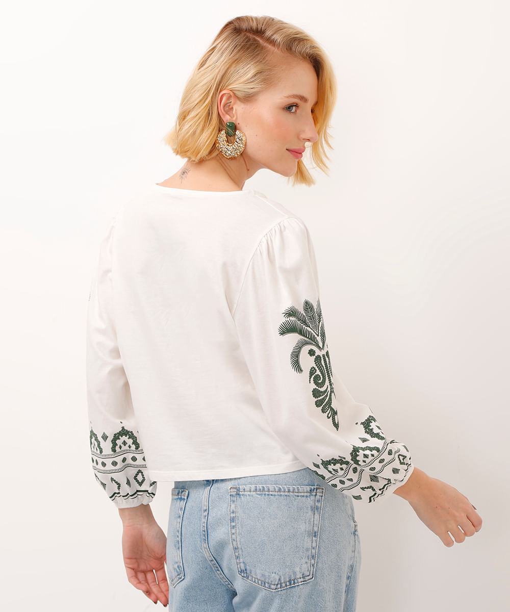 blusa bata de algodão manga bufante com arabesco off white