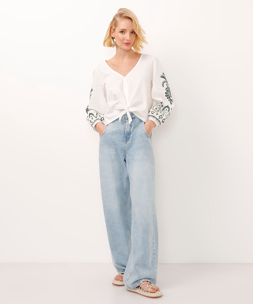 blusa bata de algodão manga bufante com arabesco off white
