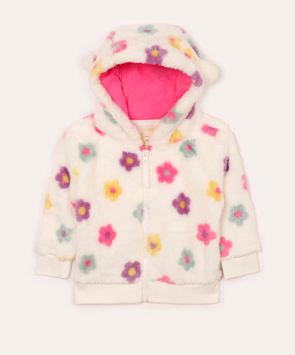 jaqueta de pelúcia infantil com capuz floral off white
