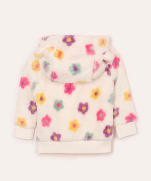 jaqueta de pelúcia infantil com capuz floral off white