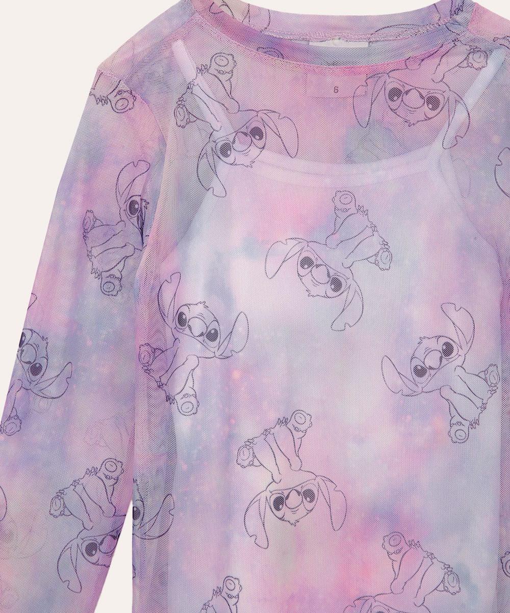 vestido de tule manga longa infantil tie dye stitch colorido