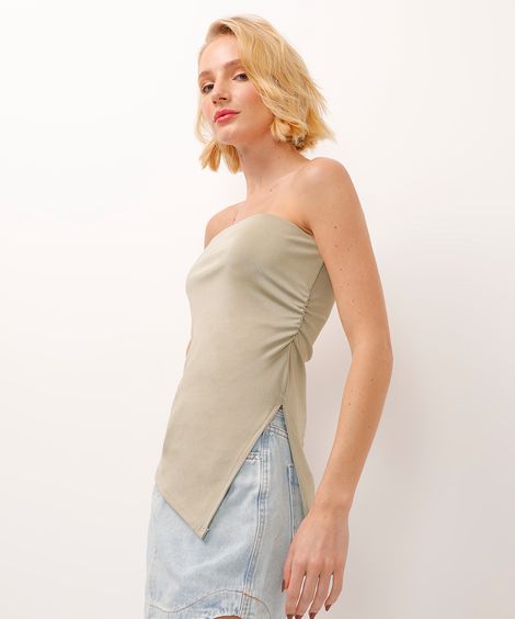 blusa sem alça assimétrica com franzido verde