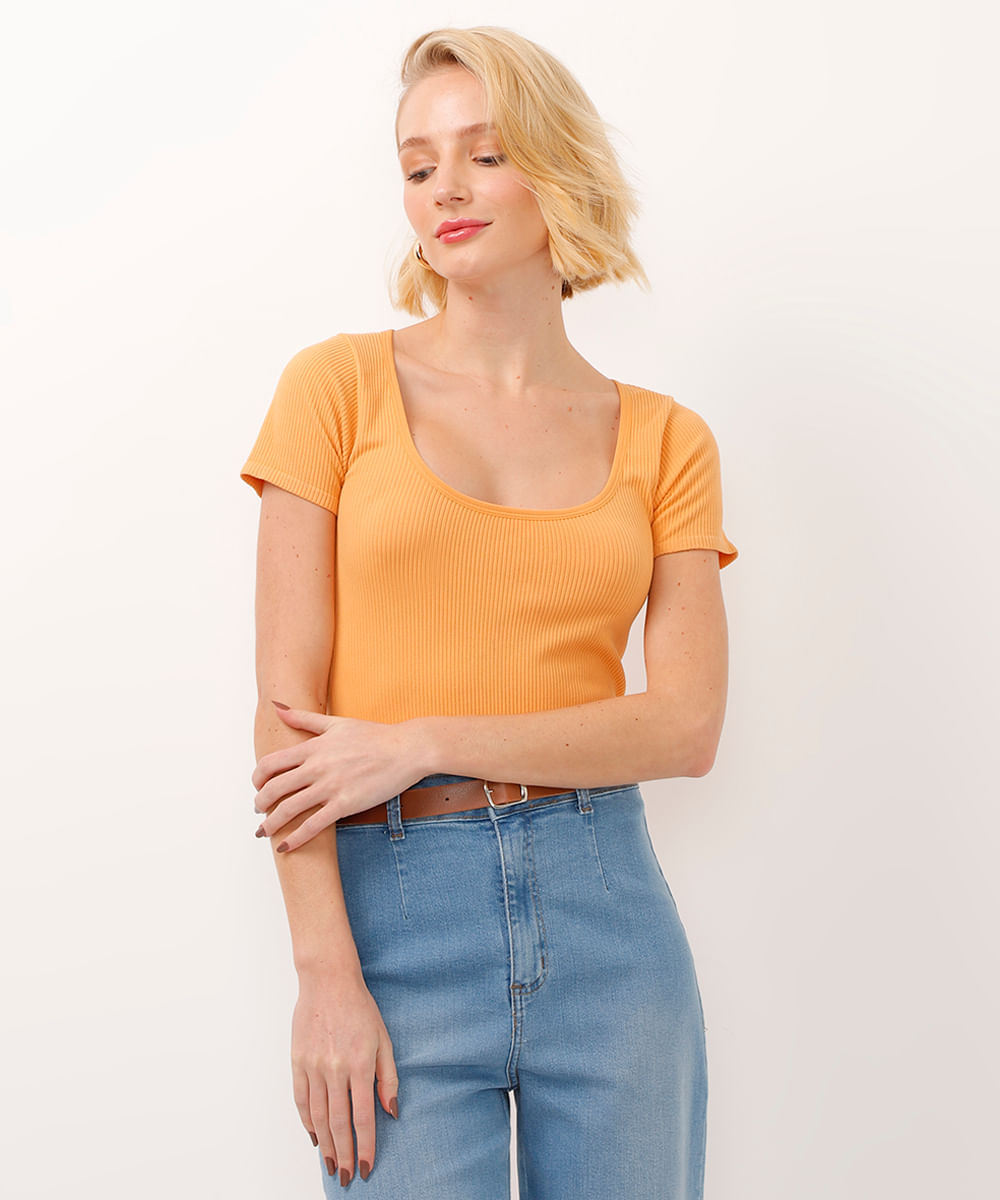 blusa de poliamida decote redondo manga curta kaki