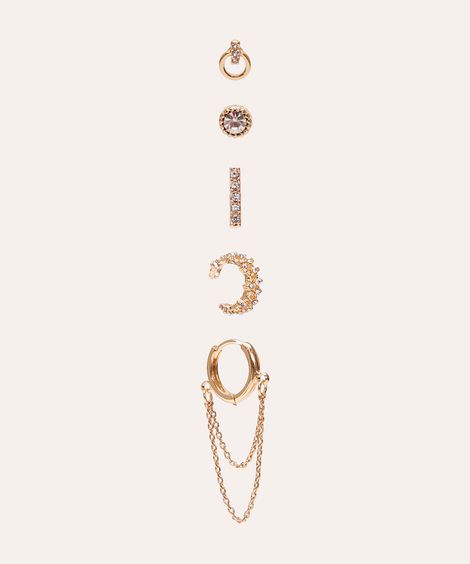 kit de 5 brincos earcuff com strass dourado