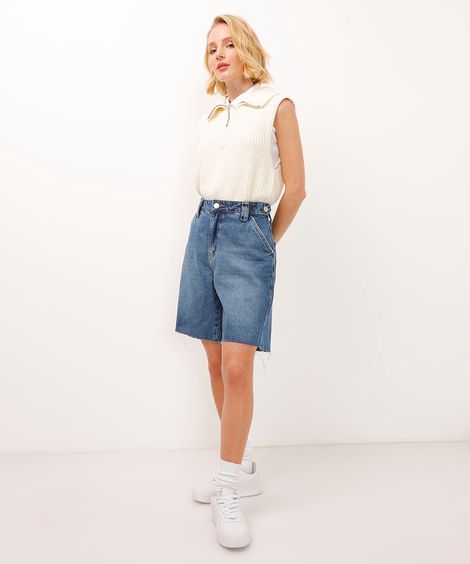 bermuda alongada jeans cintura regulável azul