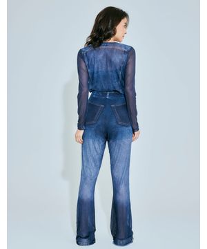 Calça Flare Tule Localizado Denim Medio Azul