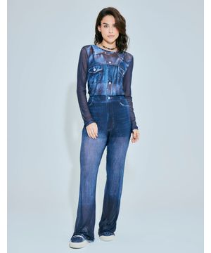 Calça Flare Tule Localizado Denim Medio Azul