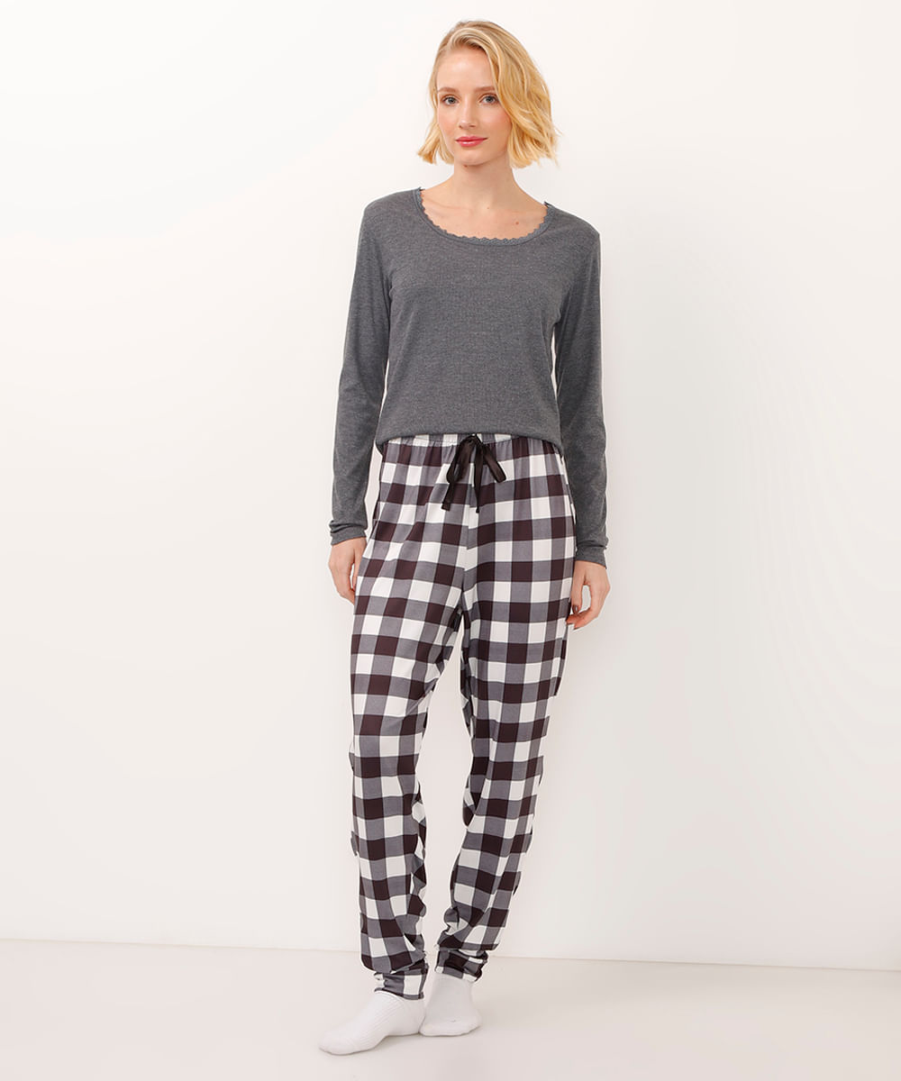 blusa de pijama manga longa com renda cinza